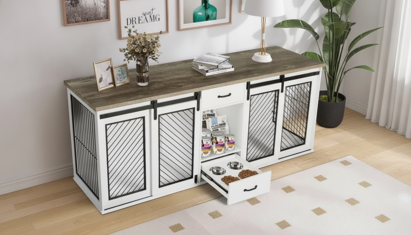 85-Inch Double Dog Crate Console With Sliding Doors