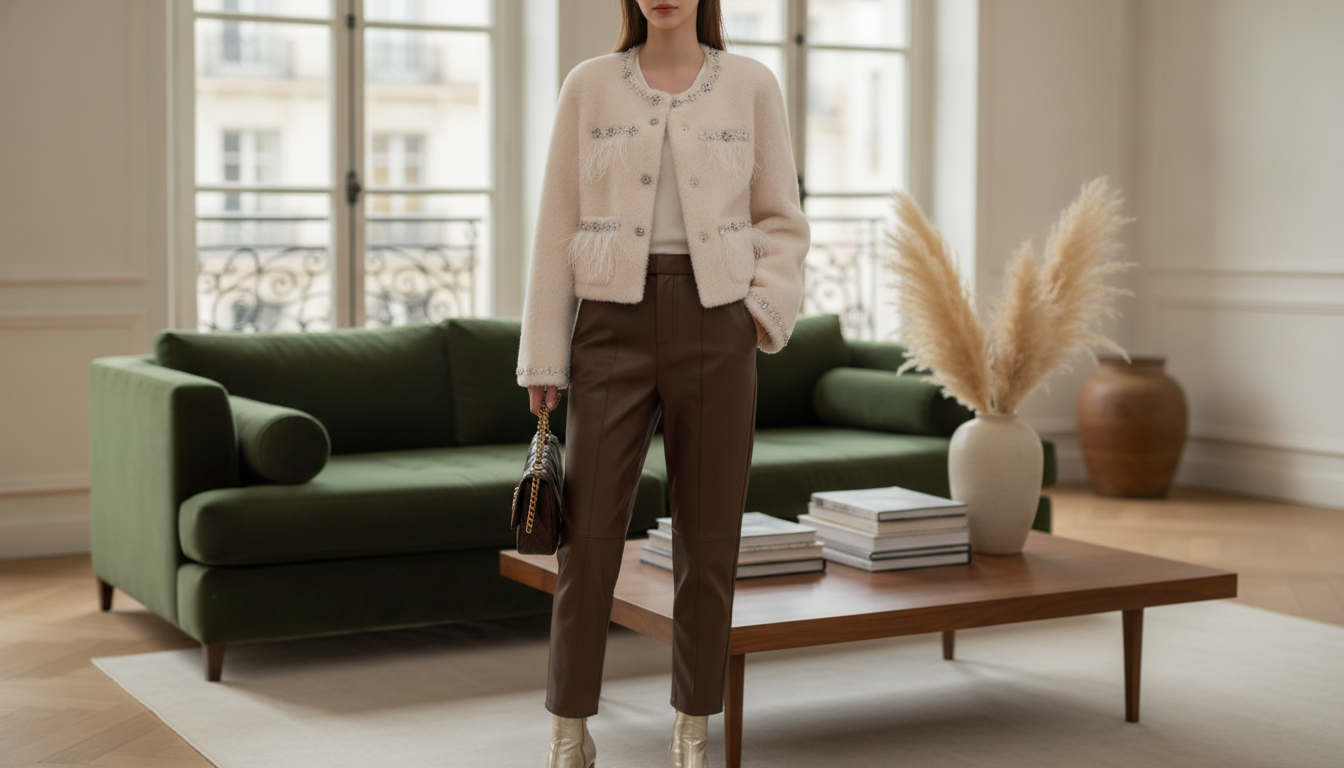 Crew Neck Fur Coat with Jewel Nail-Drill Details