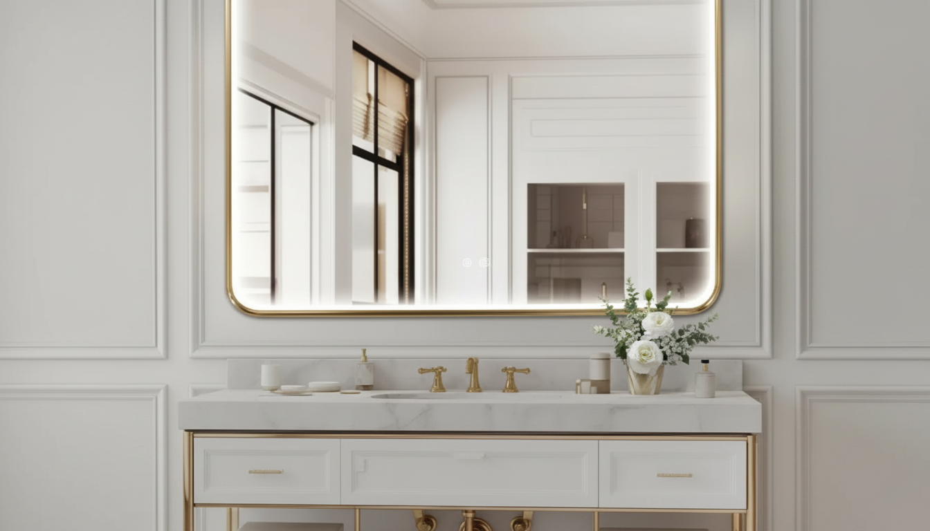 40x30 Gold Framed LED Mirror: Anti-Fog + Dimmable